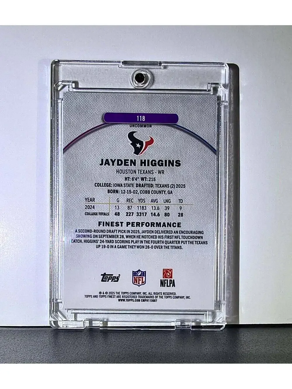 Jayden Higgins Rookie 2025 Topps Finest NFL #118 Uncommon Houston Texans 084/250
